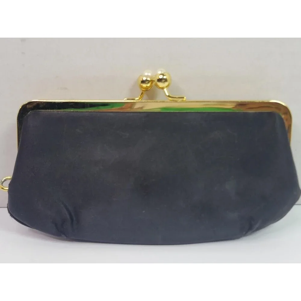 Vintage Stylemark by Mutterperl Black Satin Clutch Purse Gold Faux Pearl Clasp